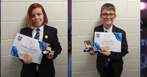 a boy and a girl are holding a certificate that says harry reid