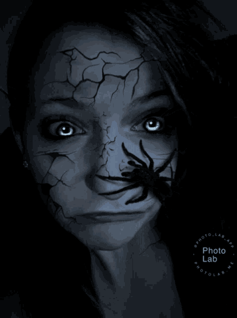 a woman with a spider on her face has a photo lab logo in the corner