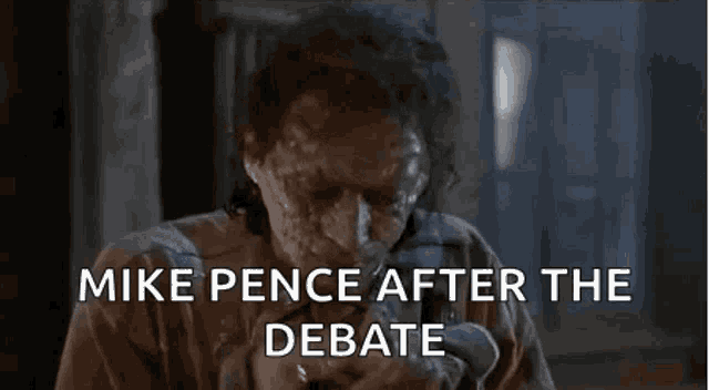 a close up of a man with a spoon in his mouth and the words mike pence after the debate