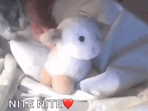 a person is holding a stuffed animal in their arms while laying in bed .