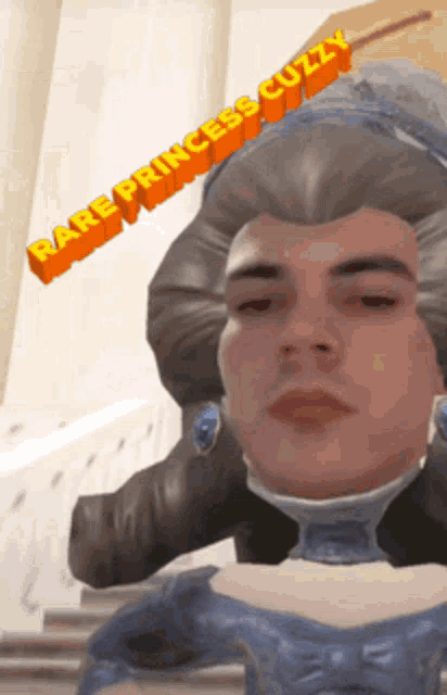 a man is dressed as a princess and has the words rare princess cuzzy on his head