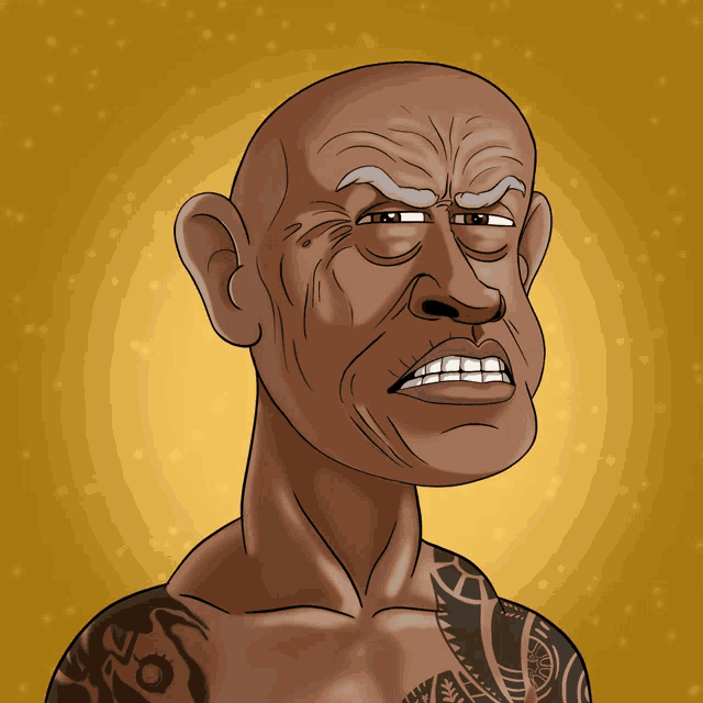 a cartoon drawing of a bald man with tattoos on his shoulder