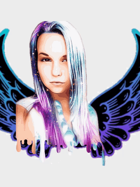 a drawing of a girl with purple and blue hair