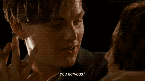 a close up of a person 's face with the words " you nervous " written on the bottom