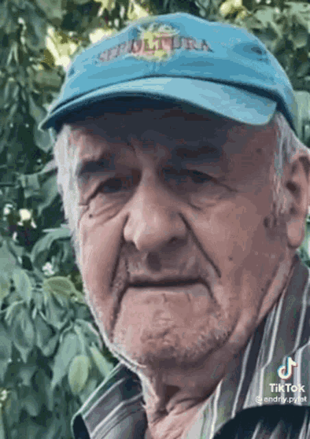 an older man wearing a blue hat and a striped shirt is looking at the camera .