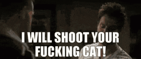 a woman is talking to a man and says `` i will shoot your fucking cat ! ''