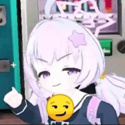 a girl with white hair and purple eyes is holding a yellow smiley face .