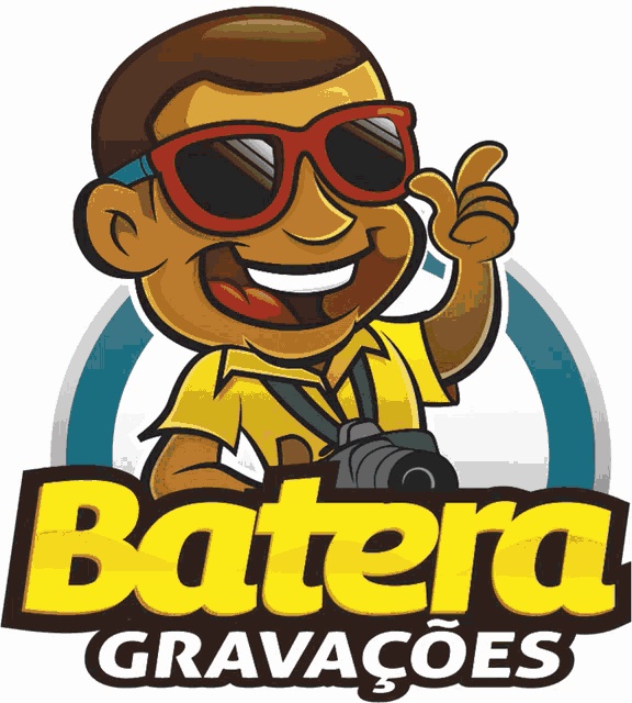 a logo for batera gravacoes features a man wearing sunglasses and holding a camera