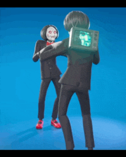 a cartoon character with a tv on his back is dancing with another cartoon character