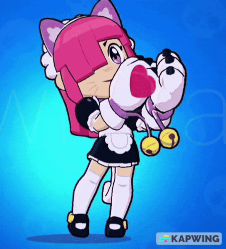 a cartoon girl with pink hair is wearing a maid costume