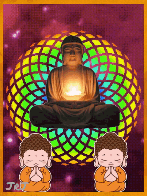 a painting of a buddha surrounded by two buddhas with the letters jrj on the bottom