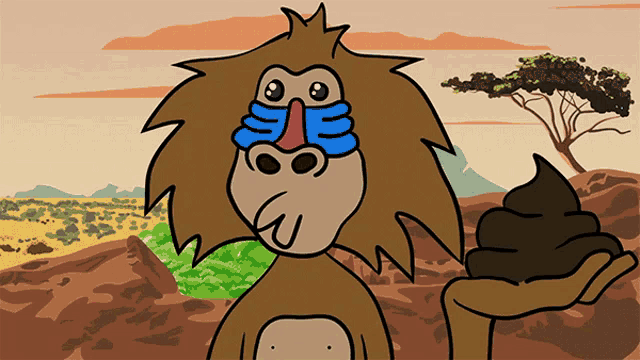 a cartoon baboon holding a pile of poop in front of a landscape