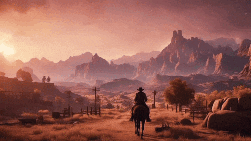 a cowboy is riding a horse in the desert with mountains in the background
