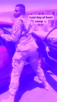 a man in a military uniform is getting out of a car with the words last day of boot camp written above him