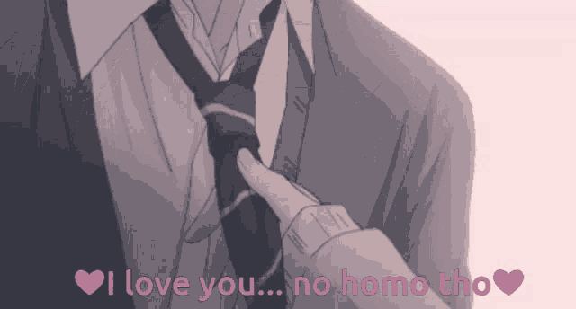a man in a suit and tie is being touched by another man 's hand with the words i love you no homo tho
