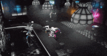 harley quinn is sitting at a bar with a neon sign that says bartender