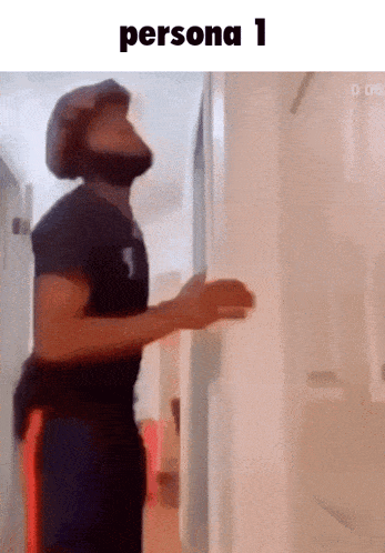a man wearing a hat and a mask is standing in a hallway with the words persona 1 below him