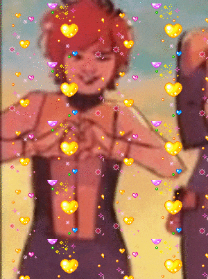a girl with red hair is surrounded by hearts