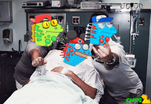 a man in a hospital bed with a frog mask on his head