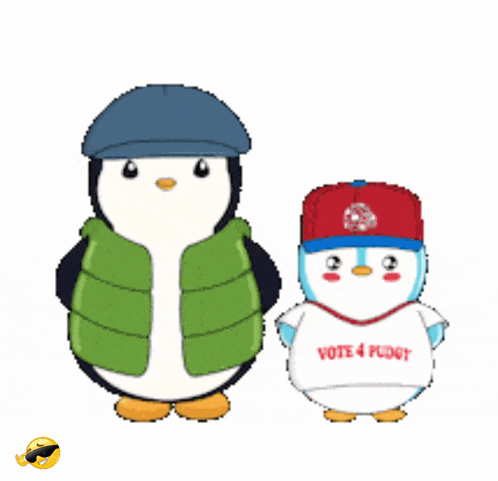 two penguins one wearing a shirt that says vote 4 pilot