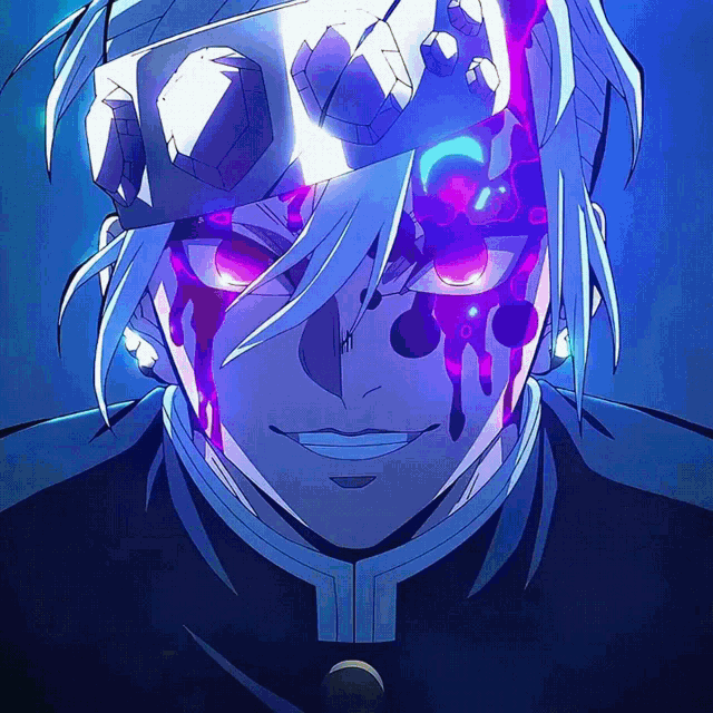 a close up of a man with purple eyes