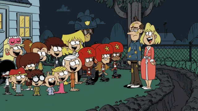 a group of loud house characters are standing in front of a tree