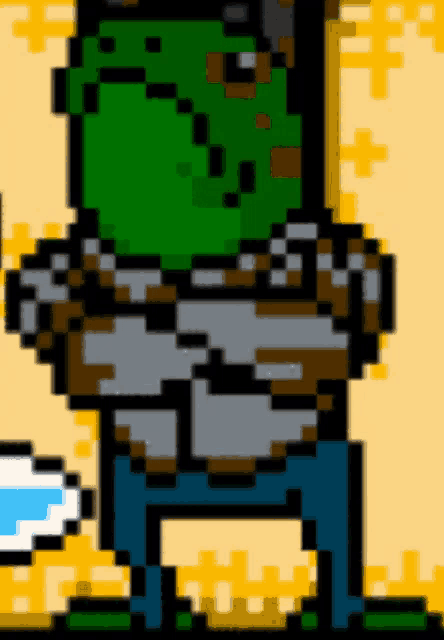 a pixel art drawing of a frog holding a cup