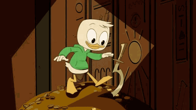 a cartoon of a duck holding a sword in a dark room