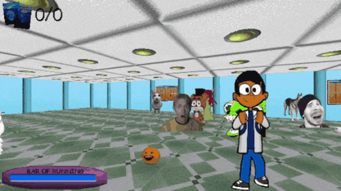 a cartoon character standing in a room with a bar of running displayed