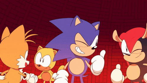 a group of cartoon characters are standing next to each other
