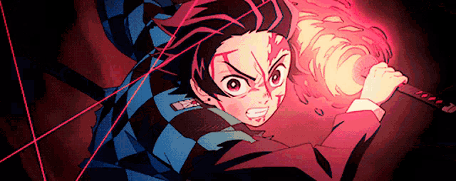 a cartoon of a boy holding a sword with a red light behind him