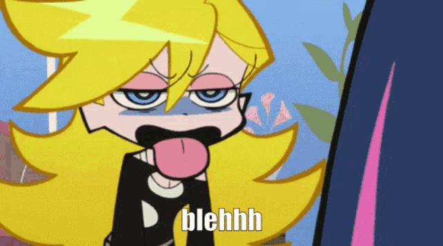 a cartoon character is making a funny face and the word blehhh is on the bottom