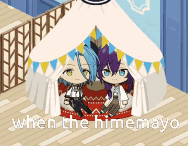 two anime characters sitting under a tent with the words when the himemayo written below them