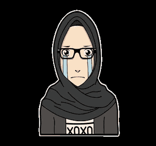 a cartoon of a woman wearing a hijab and glasses crying with her eyes closed .