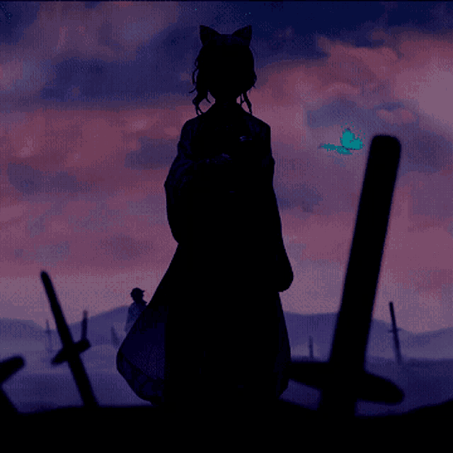 a silhouette of a person standing in a field with swords in the foreground