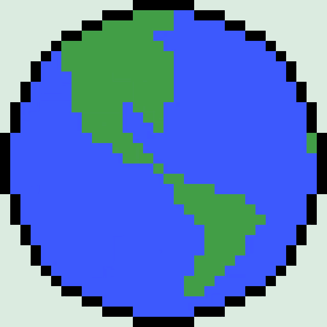 a pixel art illustration of a blue and green globe with the letter pt in the middle .