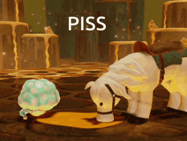 a cartoon drawing of a horse and a mushroom with the word piss below it