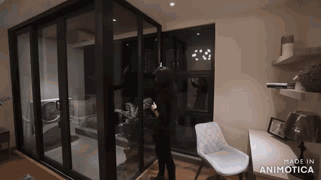 a woman standing in a room with a chair and a desk made in animotica