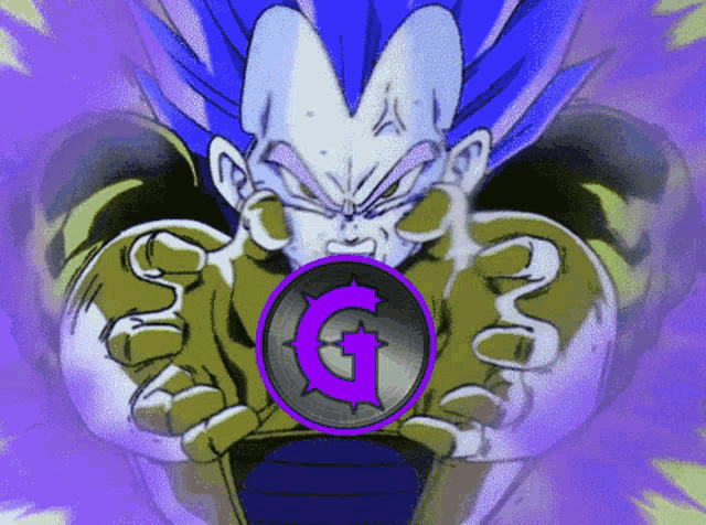 a cartoon character holding a coin with a g on it