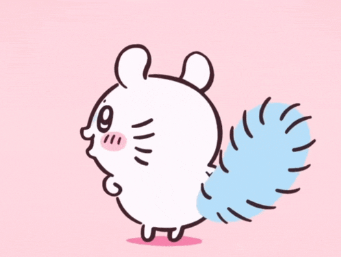 a cartoon of a squirrel with a blue tail on a pink background
