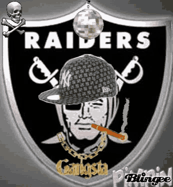 the raiders logo has a man smoking a cigar and wearing a hat .