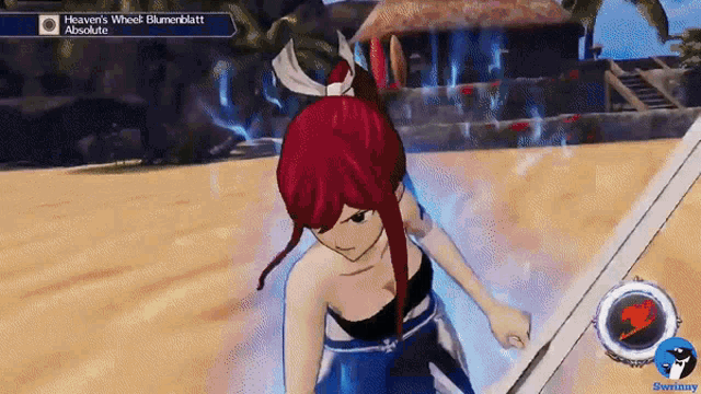 a video game screen shows a girl with red hair and the words heaven 's wheel blumenblatt above her