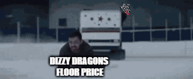 a man is laying on the ice with the words dizzy dragons floor price