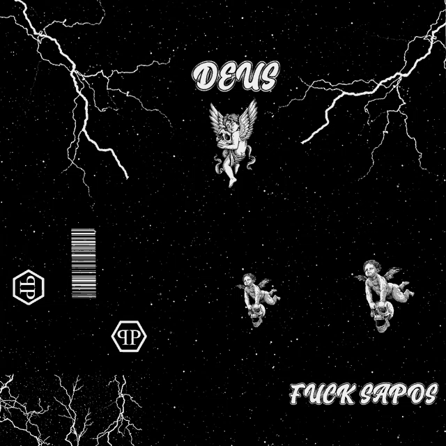 three cherubs are flying in the sky with the words deus fuck sapos