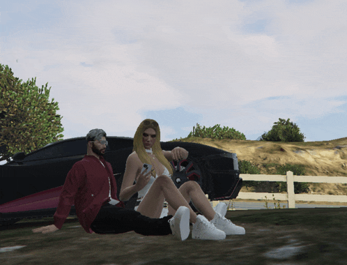a woman sits on a man 's lap in front of a black car