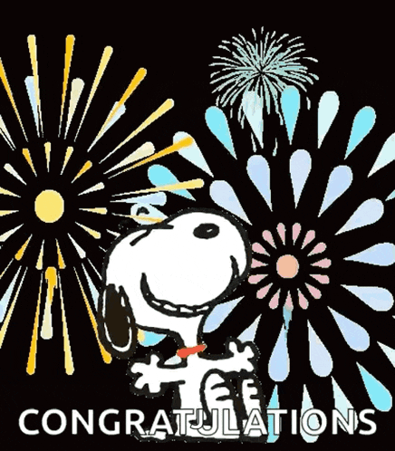 a cartoon of snoopy holding a sign that says congratulations