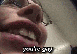 a close up of a person 's mouth with the words " you 're gay " written on it