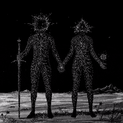 a black and white drawing of a man and woman holding hands