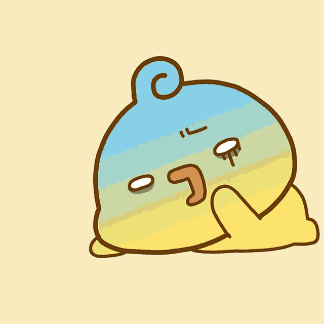 a cartoon drawing of a blue and yellow blob with a white swirl