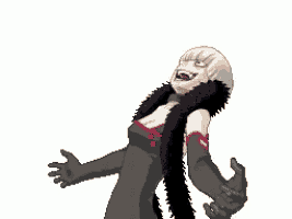 a pixel art of a woman wearing a black dress and gloves